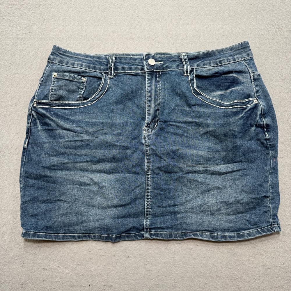 Y2K Romwe Mini Skirt Women's 2XL Blue Denim Angel Wing Rhinestone Embellished